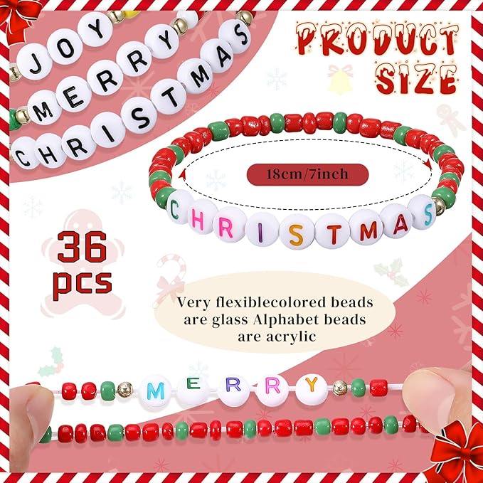 Cunno 36 Pcs Kids Friendship Bracelets for Girls Letter Heart Beads Bracelets Stretchy Cute Bracelet Pretend Play Beaded Bracelets Inspirational Bracelets for Kids (Jingle Bells)