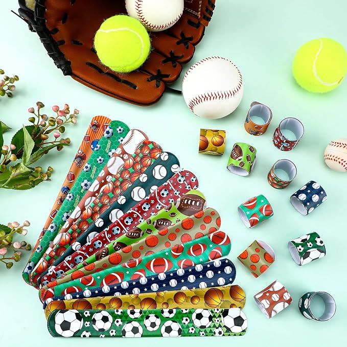 Deekin 96 Pcs Sports Party Favors Slap Bracelets Football Baseball Soccer Snap Bracelet Bands Slap Bands Colorful Decorations for Kids Birthday Party Supplies, 8.8 x 1.2 Inch