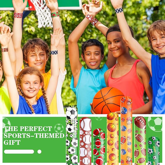 Deekin 96 Pcs Sports Party Favors Slap Bracelets Football Baseball Soccer Snap Bracelet Bands Slap Bands Colorful Decorations for Kids Birthday Party Supplies, 8.8 x 1.2 Inch