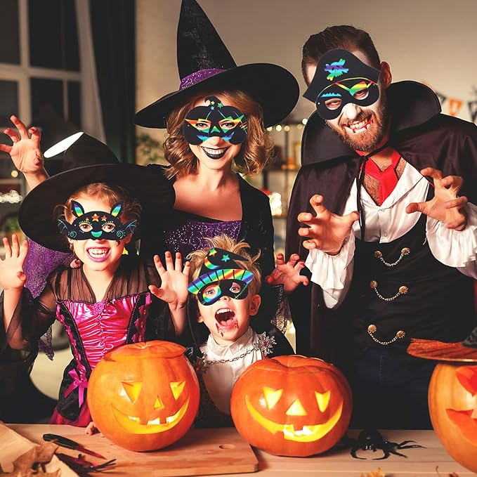 48pcs Halloween Mask Craft Kit for Kids, Funny Halloween Scratch Paper Mask with Elastic Cord Wooden Stick Scratch Masks for Halloween Party Favor