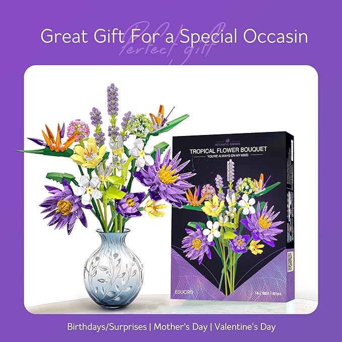 BIGEARN Flower Building Toy Set for Adults, 891 PCS Bouquet Building Set with 13 Unique Stems for Home Decor, Ideal Gift for Any Occasion