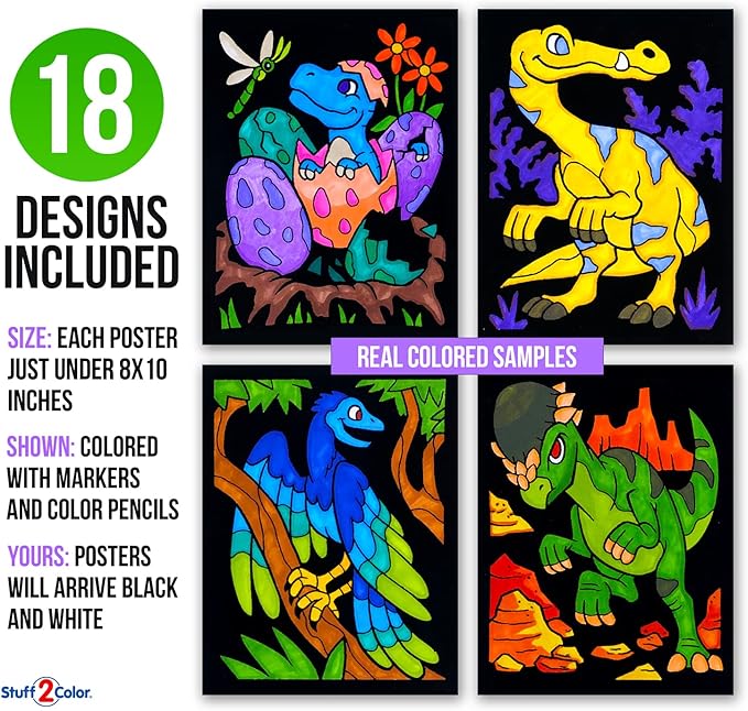 Super Pack of 18 Fuzzy Velvet Coloring Posters (Dinosaurs Edition) - Arts & Crafts for Boys and Girls - Great for After School, Travel, Quiet Time, Group Activities, and Coloring with Friends