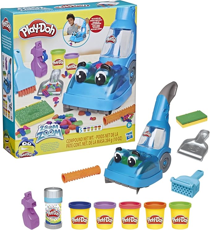 Play-Doh Zoom Zoom Vacuum Cleaner Toy, 6 Accessories & 5 Cans of Assort. Colors, Cleaning Toys for Kids, Back to School Classroom Supplies, Preschool Toys, Ages 3+