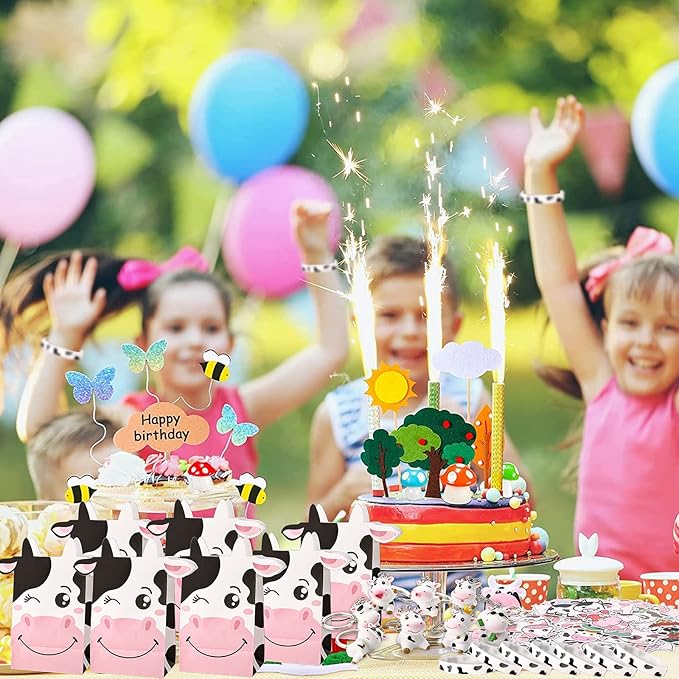 122 Pcs Cow Party Favors Supplies Include Cow Keychains Cow Silicone Bracelets Cow Party Paper Bags Treat Bags Cow Vinyl Stickers for Girls Kids Cow Farm Animals Cowboy Birthday Party Supplies