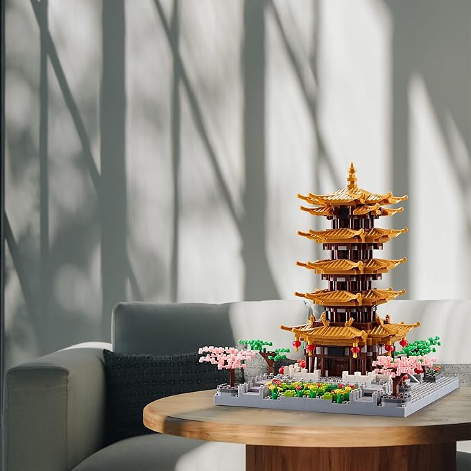 Chinese Architecture Ancient Famous Collectible Micro Building Blocks Set for Adults, 2200PCS Creative Model - Yellow Crane Tower with Cherry Blossom Tree Cherry Plants Toys and Presents