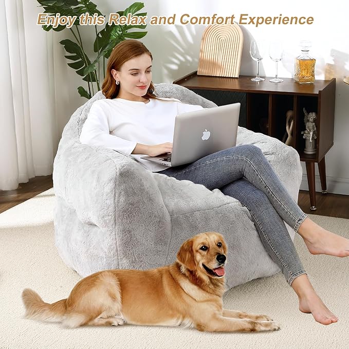 Giant Bean Bag Chair, 51" Large Bean Bag Chairs for Adults Kids High-Density Foam Filled Bean Bag Couch with Armrests, Big Beanbag Sofa Chair for Reading, Light Grey