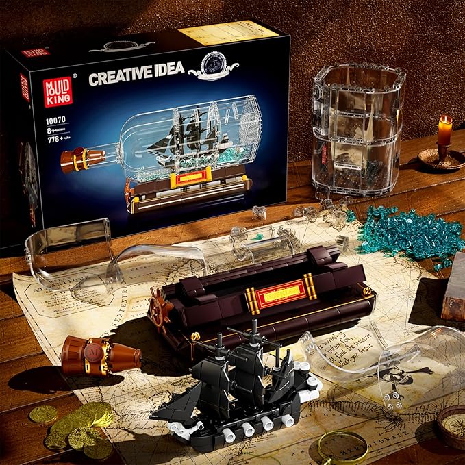 Mould King Ship in a Bottle Toy Building Sets, Black Pirate Ship in a Bottle Kit, Collectible Display Boat Model Set, STEM Project for Adults and Boys Kids Aged 8+ (778 Pieces) 10070