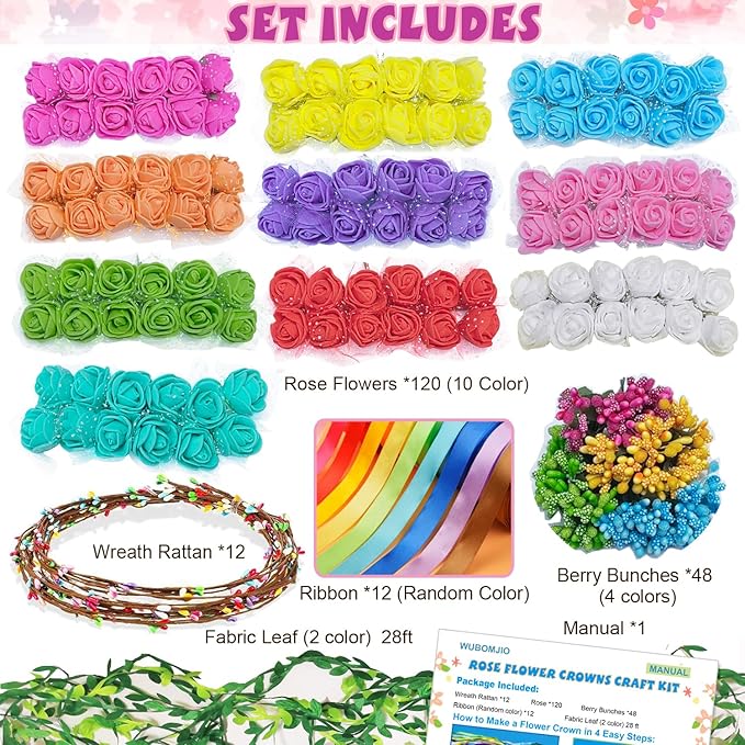 WUBOMJIO DIY Flower Crown Crafting Kit(Rose Theme), Make Your Own 12PC Floral Crown Garland Kit, Presents for Kids Ages 6 7 8 9 10 Years Old and Up