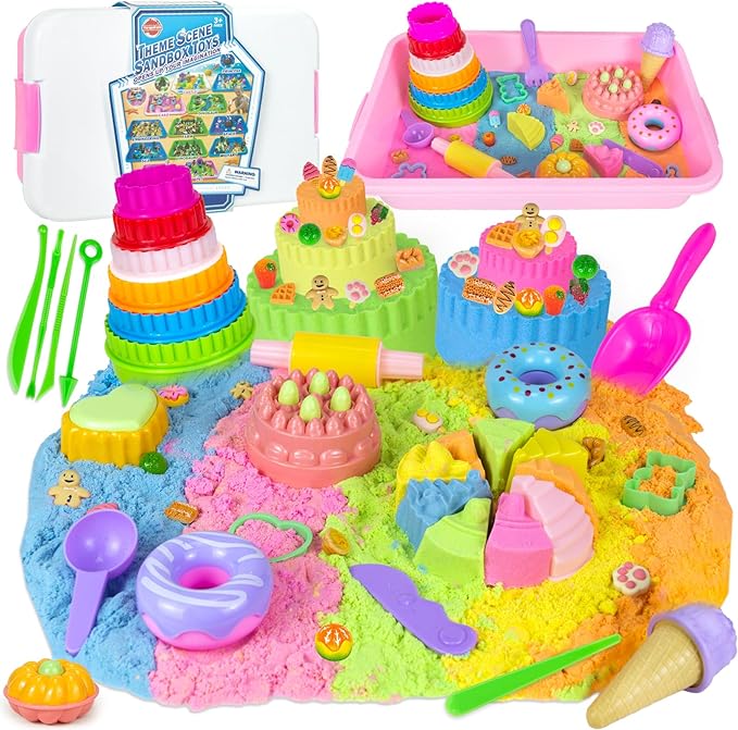 YongnKids Sensory Bin for Girls Kids,54 Pcs Ice Cream Cake Play Sand Art Kit with 2.2lb Color Sands/ 12 Cake Molds/Tools/Sandbox -Fun Sand Toys Birthday for Girls Toddler 3 4 5 6 Years Old