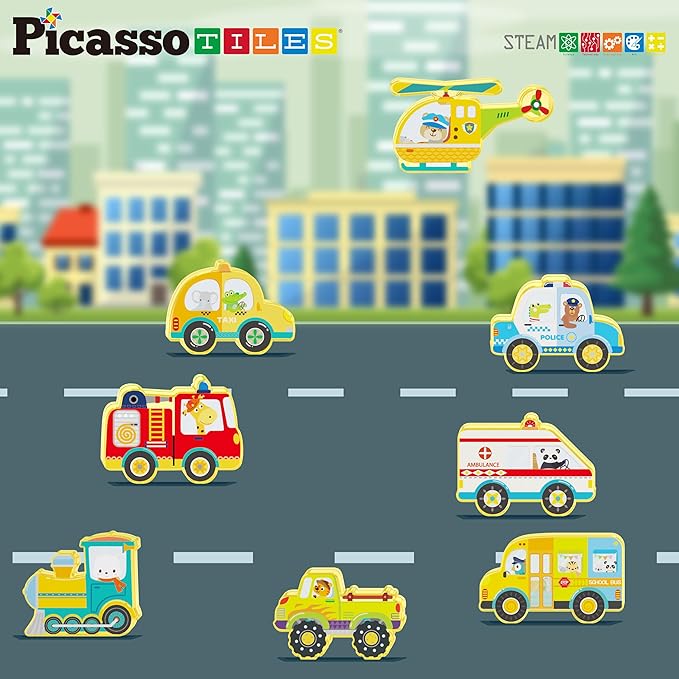 PicassoTiles Magnet Building Blocks Metro City 8 Vehicle Magnetized Action Figures Compatible Magnetic Structural Build Magnets Tile Accessory Playset STEAM Educational Learning Toys Ages 3+ PTA24