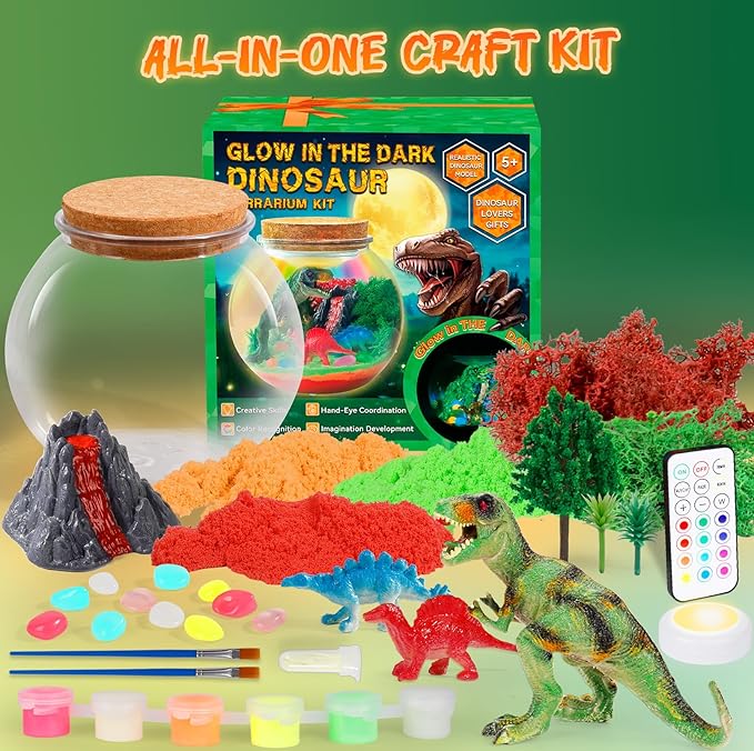 Dinosaur Terrarium Kit for Kids - Arts & Crafts Activities Sets With Glow in The Dark Painting - DIY Dinosaur Toys Birthday Gifts for Boys Age 5, 6, 7, 8, 9, 10, 11 & 12 Year Old(Dinosaur Terrarium)