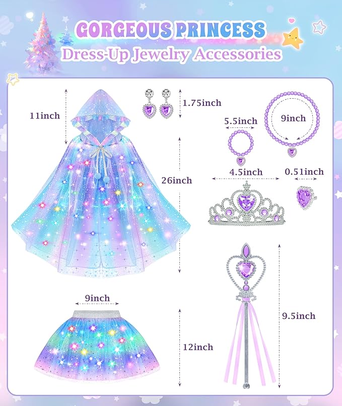Princess Dress Up for Girls, Light up Princess Cape Princess Dress Costume Crown Wand Gifts for Toddler Girls 3 4 5 6
