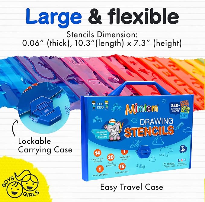 Mimtom Drawing Stencil Kit for Kids, 51 PC Art Set with 240+ Shapes, Sketch Pad, and Colored Pencils for Children's DIY Arts and Crafts, Draw with Animal, Letter and Car Stencils, Blue