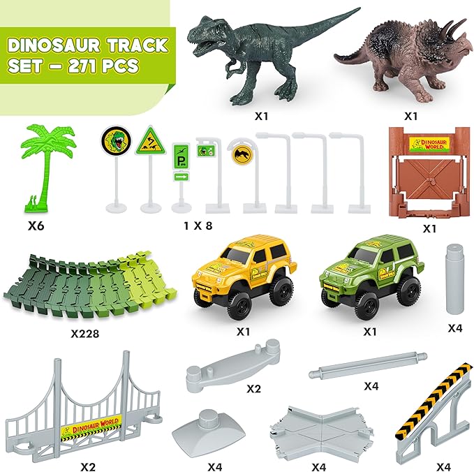 Dinosaur Tracks, 271 PCS Create A Dinosaur World Road Race for Kids Boys Toys Flexible Train Tracks Set with 2 Cool Race Cars and 2 Dinosaur Toys for Age 3 4 5 6 7 8 Year & Up Old Boy Girls Best Gift