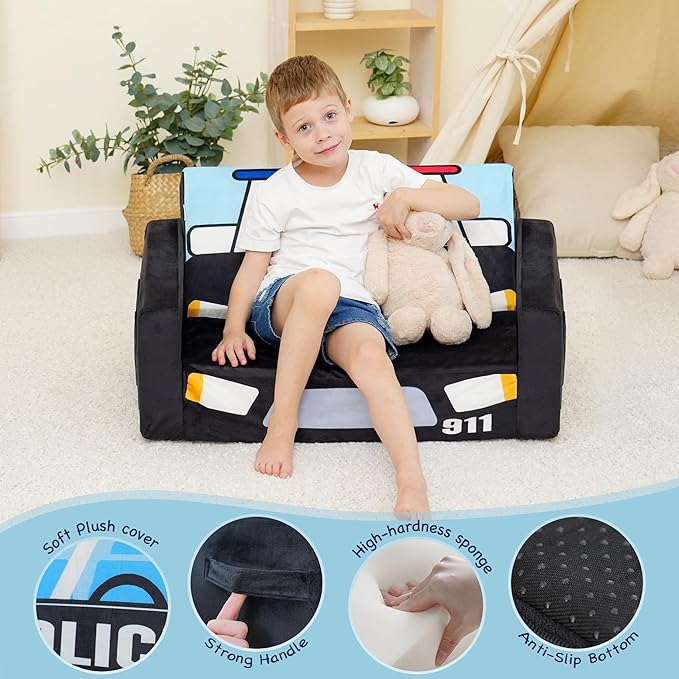 MallBest Kids Sofas, Extra Wide Toddler Couch Bed - 2 in 1 Baby Convertible Foam Chair to Lounger,Toddler Couch for Boys and Girls,Black/Police Car