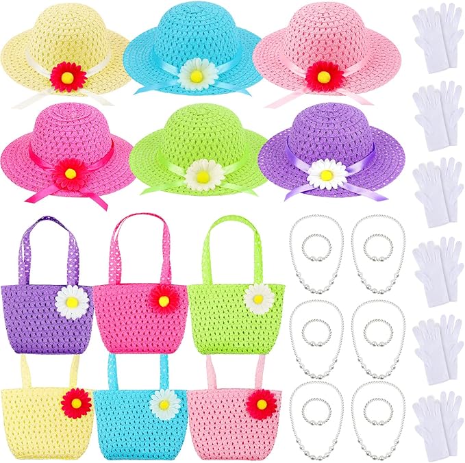 Zhanmai 6 Sets Girls Tea Party Dress Play Set Includes 6 Daisy Tea Party Hats, 6 Straw Purse, 6 Pairs Gloves, 6 Pearl Necklace Bracelet Set for Girls Princess Tea Party Birthday Party Supplies