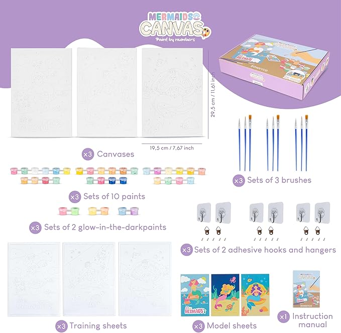 BONNYCO Paint by Numbers Kit for Kids Mermaid Pack 3 Canvas Paint by Number Canvas Framed Mermaid Gifts for Girls Arts and Crafts, Kids Paint by Number Kits, Pre Drawn Canvas for Painting for Kids