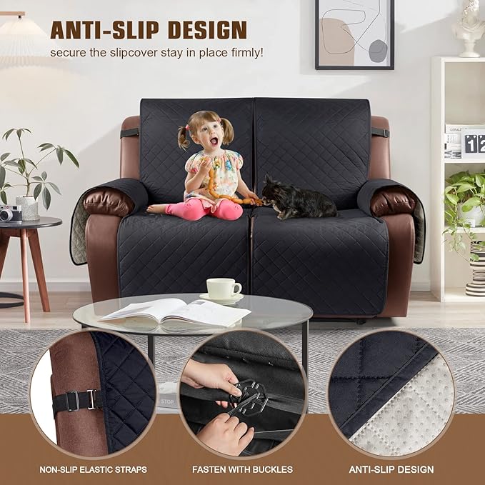 KinCam Waterproof Loveseat Recliner Cover, Non-Slip Reclining Couch Covers for 2 Seat, Recliner Sofa Cover Furniture Protector with Elastic Straps for Kids, Pets, Black