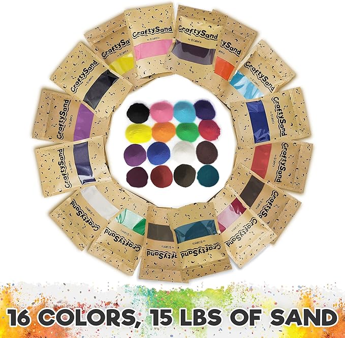 CuteyCo CraftySand’s Big Pack: 16 lbs & 16 Colors for Kids’ Play Sand, Sand Art