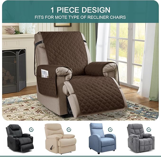 Ruaozz 100% Waterproof Recliner Chair Cover Non-Slip Reclining Cover for Recliner Chair Washable Chair Seat Cover with Elastic Straps for Kids, Dogs, Pets (Dark Brown, 23'')