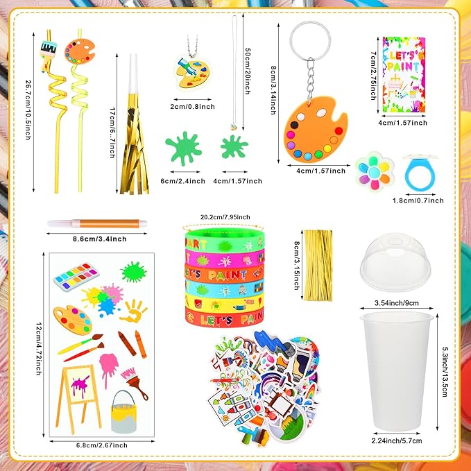 Tondiamo 278 Pcs Art Paint Party Favors Include Gift Cup Plastic Straw Color Pen Keychain Pendant Bracelet Ring Temporary Tattoo Party Blower Card Splatter Confetti for School Reward Birthday