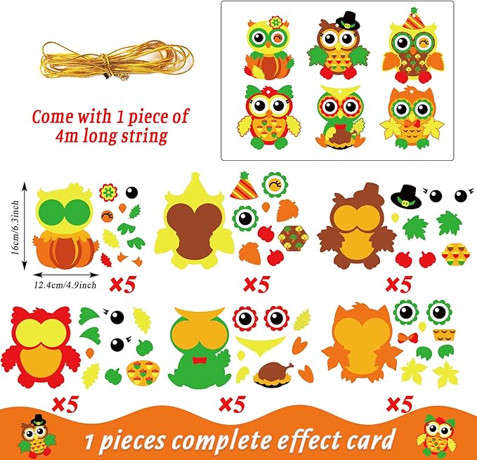 chiazllta 30 Packs Thanksgiving Fall Craft for Kids Thanksgiving Owl DIY Art Craft with Fall Autumn Leaves Pumpkins Stickers Make Your Own Owl Set for Kindergarten Home Class Game Activities