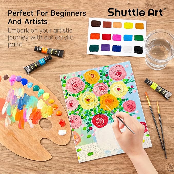 Shuttle Art Acrylic Paint Set, 15 x 12ml Tubes Artist Quality Non Toxic Rich Pigments Colors Perfect for Kids Adults Beginners Artists Painting on Canvas Wood Clay Fabric Ceramic Crafts
