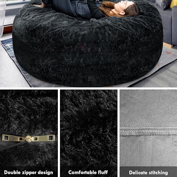 Giant Fur Bean Bag Chair Cover for Kids Adults, (No Filler) Living Room Furniture Big Round Soft Fluffy Faux Fur Beanbag Lazy Sofa Bed Cover (Purple, 5FT)