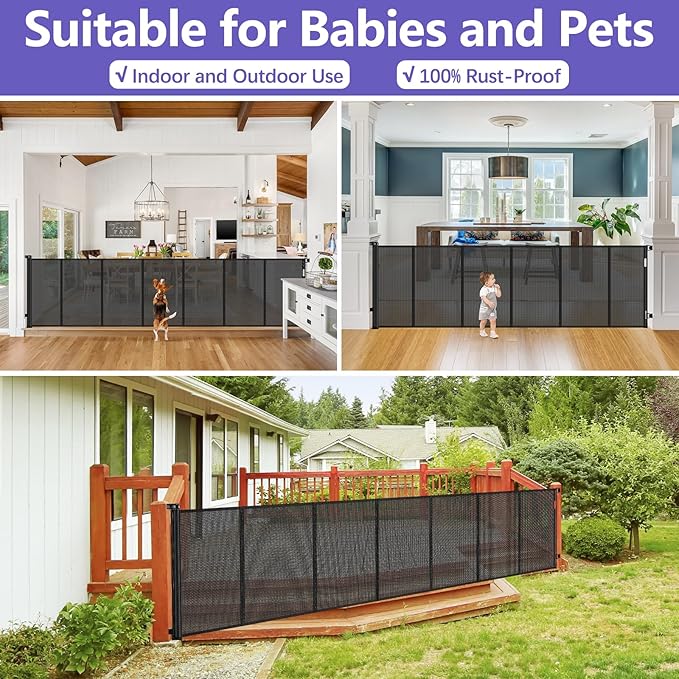 Reinforced 42" Tall Retractable Dog Gate, 155" Extra Long Retractable Baby Gate with Support Rods - Prevent Crawling Under, Indoor/Outdoor Retractable Gate Extra Tall Baby Gate Retractable Fence/Black