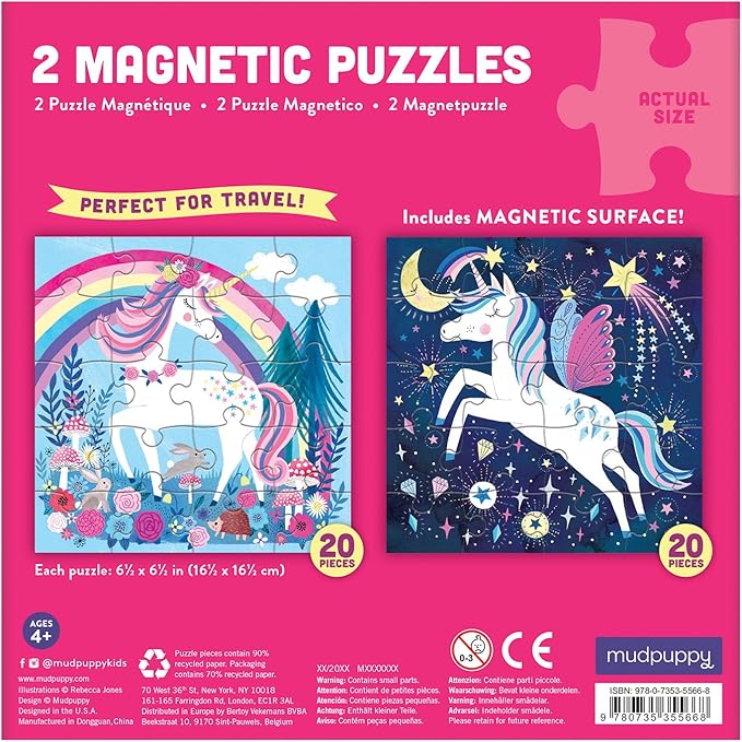 Mudpuppy Magical Unicorn - Tri Fold Magnetic Puzzles Featuring Two 20 Piece Unicorn Magic Themed Artwork