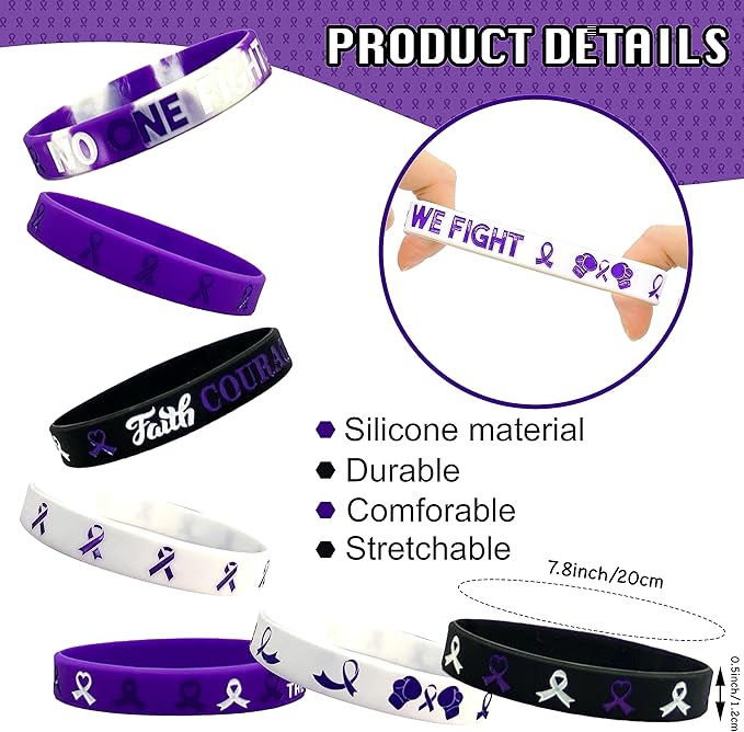 60 Pcs Purple Ribbon Awareness Accessories Stuff Include Purple Ribbon Silicone Bracelet Rubber Wristband and Lapel Buttons Pins for Animal Abuse, Alzheimer's Pancreatic Cancer Gifts Party Supplies