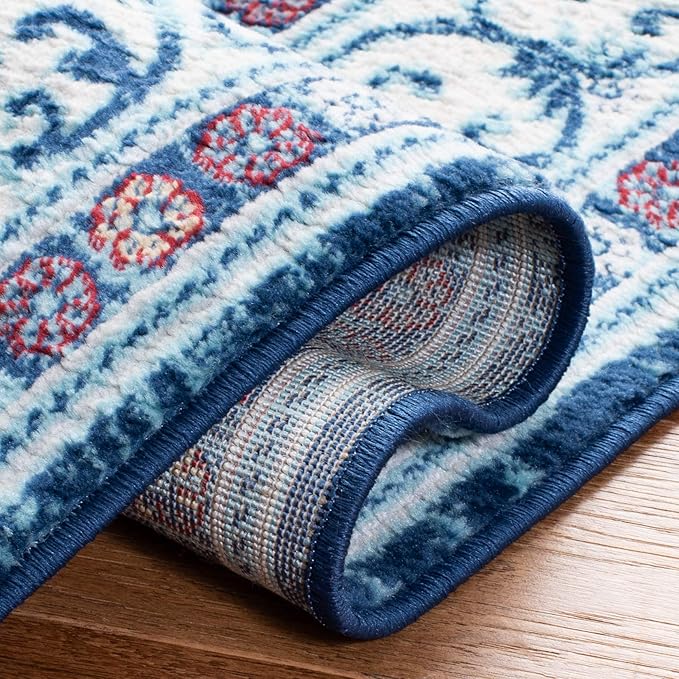 SAFAVIEH Brentwood Collection 2' x 8' Navy / Red BNT870N Oriental Damask Trellis Non-Shedding Living Room Entryway Foyer Hallway Bedroom Runner Rug