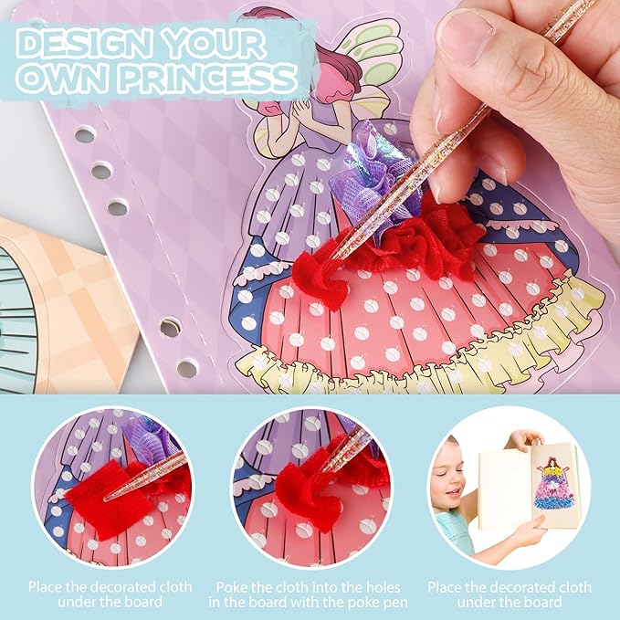 mayace Fabric Art Frenzy - 3 in 1 Creative Puzzle Puncture Painting Poke Art Kits for Kids, Childhood Infinite Dream Hand-Painted Princess Dress-up Drawing Book for Girls Kids (Purple)