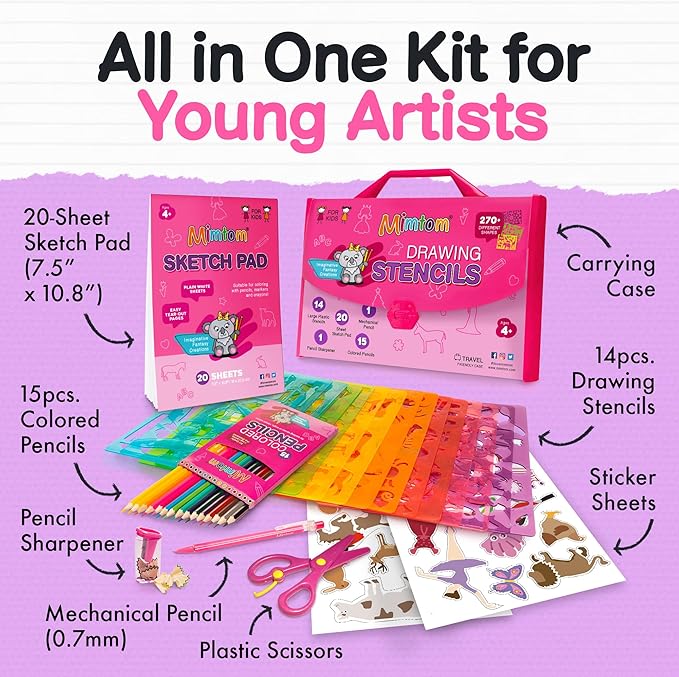 Mimtom Drawing Stencil Kit for Kids, 51 PC Art Set with 270+ Shapes, Sketch Pad, and Colored Pencils for Child's DIY Arts and Crafts, Draw with Princess, Fairies and Animal Stencils, Pink
