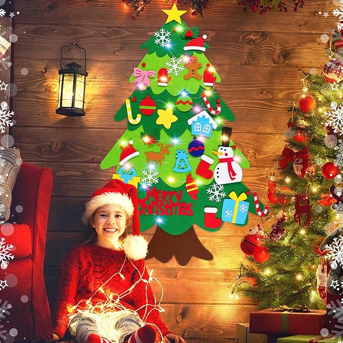 HFATMOS Felt Christmas Tree DIY Wall Hanging Xmas Tree with LED String Lights and 32 Pcs Detachable Ornaments for New Year Party Supplies Home Decor