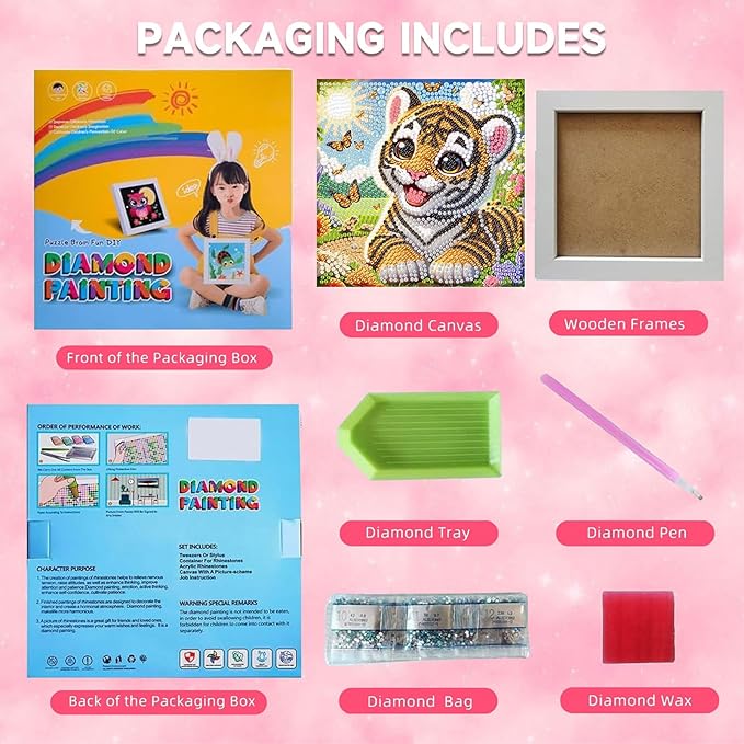 Tiger Diamond Art Painting Kits with Frame- Animal Gem Painting Kit with Frame, Cute Diamond Painting for Wall Decoration 7X7 Inch