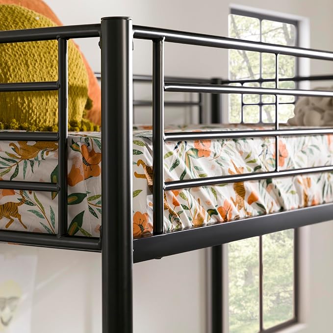 Walker Edison Timothee Urban Industrial Metal Twin over Loft Bunk Bed, Twin Size, Black