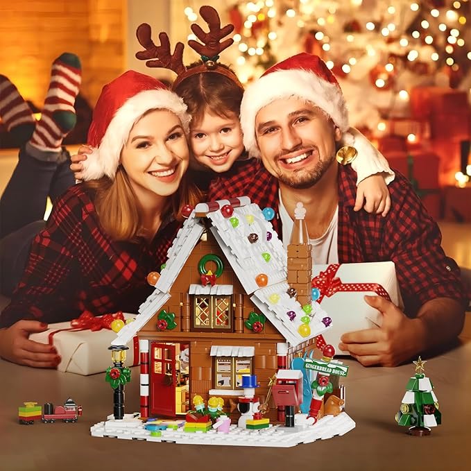 Christmas Gingerbread House Building Kit with LED Lights, Christmas Village House Blocks Set, Compatible with Lego, Xmas Decorative Gifts for Girls and Boys, Kids and Adults, Ages 6+