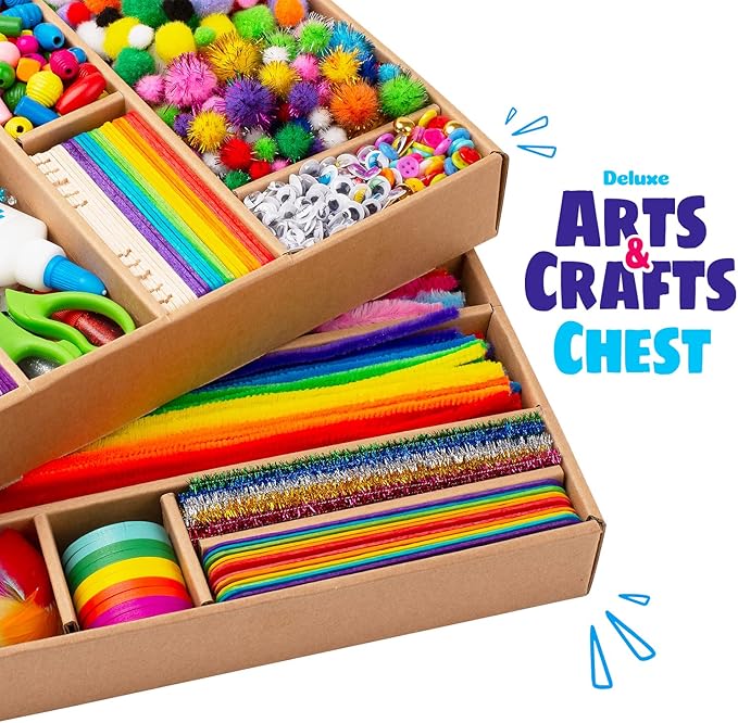 Blue Squid Arts & Crafts Chest - 3000+ pcs Deluxe Craft Supplies Box, 2 Drawers, 18 Compartments, Sturdy Handle - Art Crafting Kit Christmas Gifts for Kids, School Supply for Ages 4 5 6 7 8 9 10 11 12