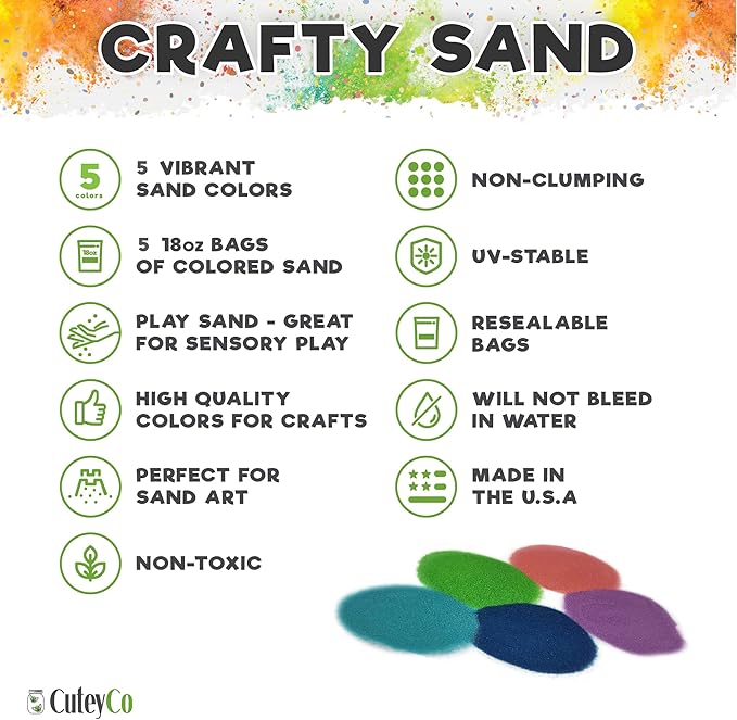 CuteyCo Crafty Sand Pack - 5 Colors: 2.5 lbs of Vibrant Craft Sand & Play Sand: Tropical Colors