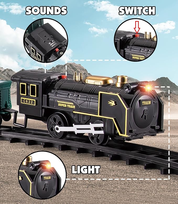 Safari Animals Figures Toy Train Set, Electric Locomotive with Light & Sound, Wildlife African Jungle Zoo Miniature Toys Cake Toppers Bulk Toddler Stocking Stuffers Gift for 3 4 5 Year Old Boys