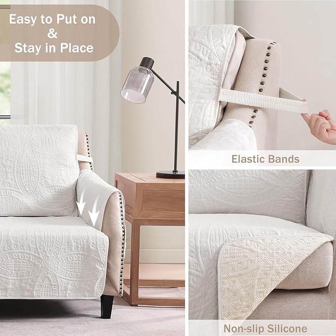 Soft Quilted Couch Cover with Pockets for Extra-Large Sofa, Anti-Slip Sofa Covers Washable for 3 Cushion Pet Friendly Medallion Oversized Sofa Cover Water-Repellent (X-Large Sofa 78", White)