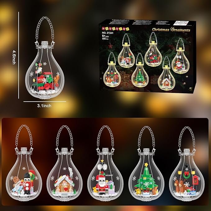 HOGOKIDS Christmas Building Sets with Lights - 6 Pack Christmas Tree Ornaments Santa Claus Gingerbread House Nutcracker Elk Building Toys Festival Decor Gifts for Adult Kids Boy Girl 6-12 Year(566PCS)