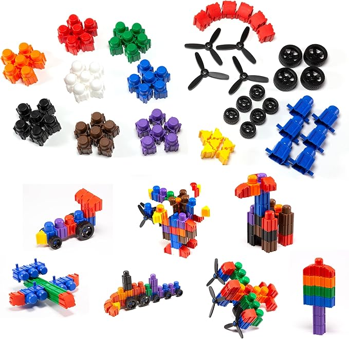 SNAPO Advanced Builder Blocks 7 Years and up - Six-Sided Toddler Building Blocks - Build Planes, Cars and Trains - Unisex Stackable Assembly Blocks for Kids (300pcs)