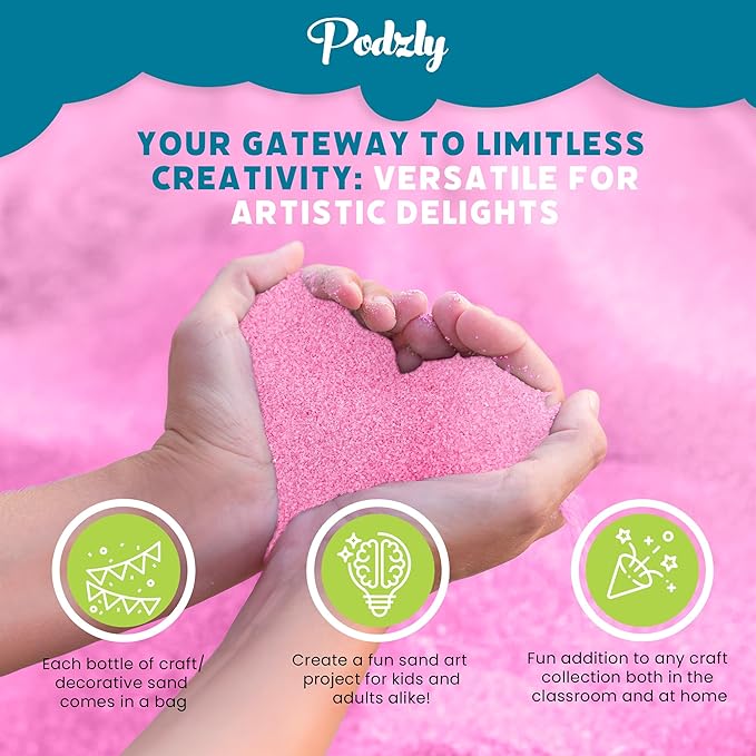 Podzly 5 Pound Decorative Bulk Craft Sand - Perfect for Weddings, Classrooms & Creative Crafts - Fine Sand, Non-Toxic & Safe for Kids & Adults - Colorful Play Sand for Outdoor and Home Decor - Pink