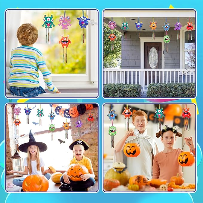 Fennoral 9 Pack Monster Wind Chime Kit for Kids Make Your Own Monster Wind Chimes Wooden Arts and Crafts for Girls Boys DIY Coloring for Christmas Art Activity Party Decoration Birthday Gifts