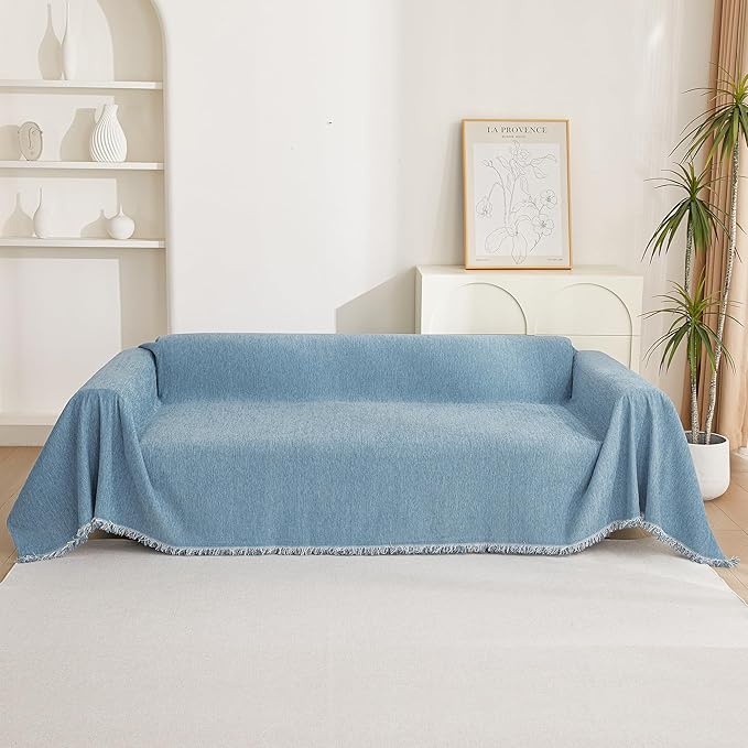 MYSKY HOME Sectional Sofa Covers Blue Couch Covers for 3 Cushion Couch Sofa Chenille Couch Cover Living Room Multi-Use L Shaped Sofa Slipcovers for Dogs Cats Kids Tassel Edge 91" x 134"