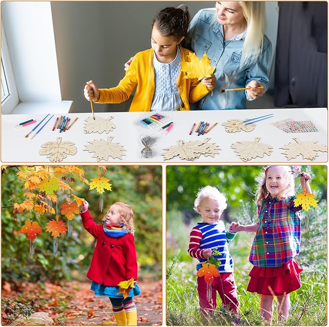 gisgfim 16 Pack Fall Wind Chime Kits for Kids Make Your Own Maple Leaves Wind Chime Wooden DIY Arts and Crafts for Thanksgiving Autumn Party School Classroom Decorations Supplies Birthday Favor