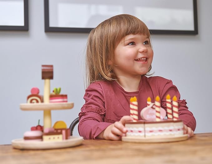 Tender Leaf Toys - Chocolate Birthday Cake - Pretend Play Food Toy with Candles and Plate, Birthday Party Decoration or Gift for Kids - Develops Social Skills and Imaginative Play for Kids - Age 3+