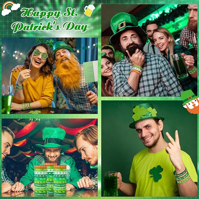 Wettarn 60 Pcs St. Patrick's Day Silicone Bracelets Shamrock Party Favors Irish Rubber Wristbands for Kids Adults Clover Party Supplies School Classroom Prizes Gifts